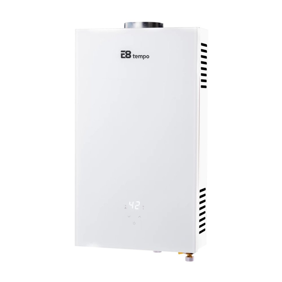Проточный газовый водонагреватель E8 tempo E8WAY20 (белая стеклянная панель)
