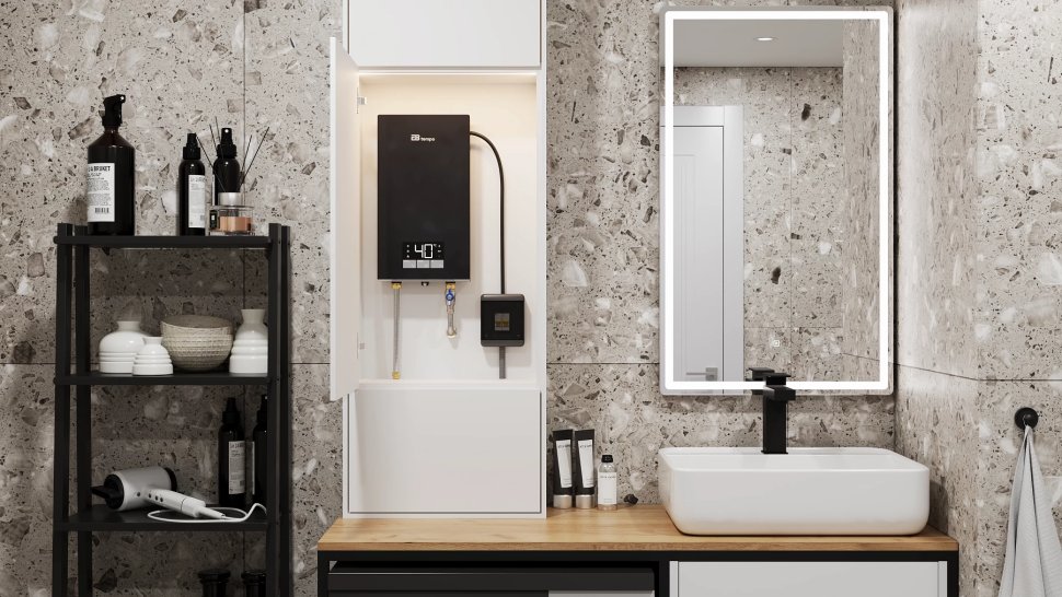 Проточный электрический водонагреватель E8 tempo RC70 серая стеклянная панель